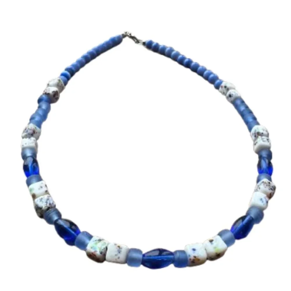 Men's Beaded Necklace, blue & white, 18 Inches Long NWT (MJW018)